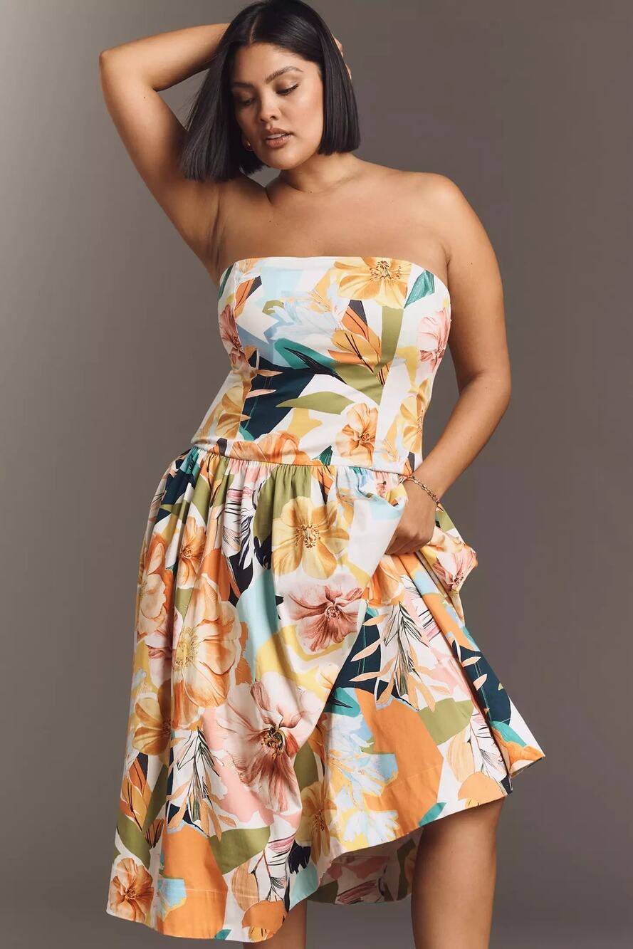 New Anthropologie Drop-Waist Midi Dress $178 Size Large Yellow Floral